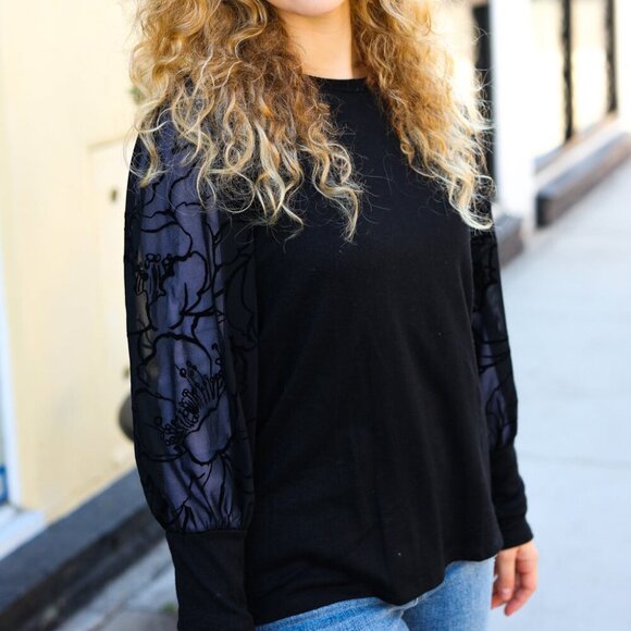 New Black Floral Mesh Bubble Sleeve Top - 1X, 2, & 3X - Picture 2 of 8